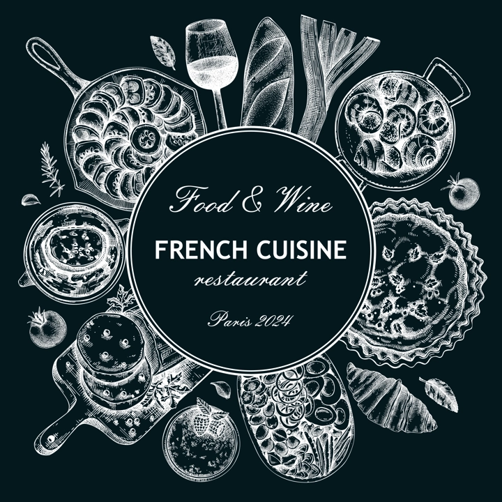 French food wreath design. Retro food and wine sketches on chalkboard. European restaurant menu template. France background. Hand-drawn vector illustration, NOT AI generated